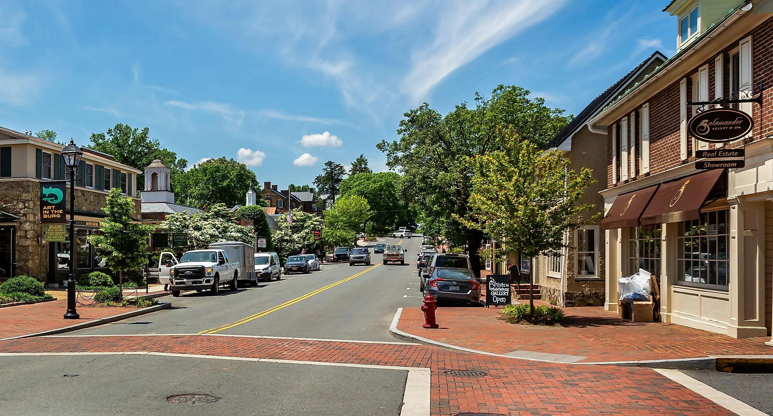 Charming Virginia village street with local shops and trees