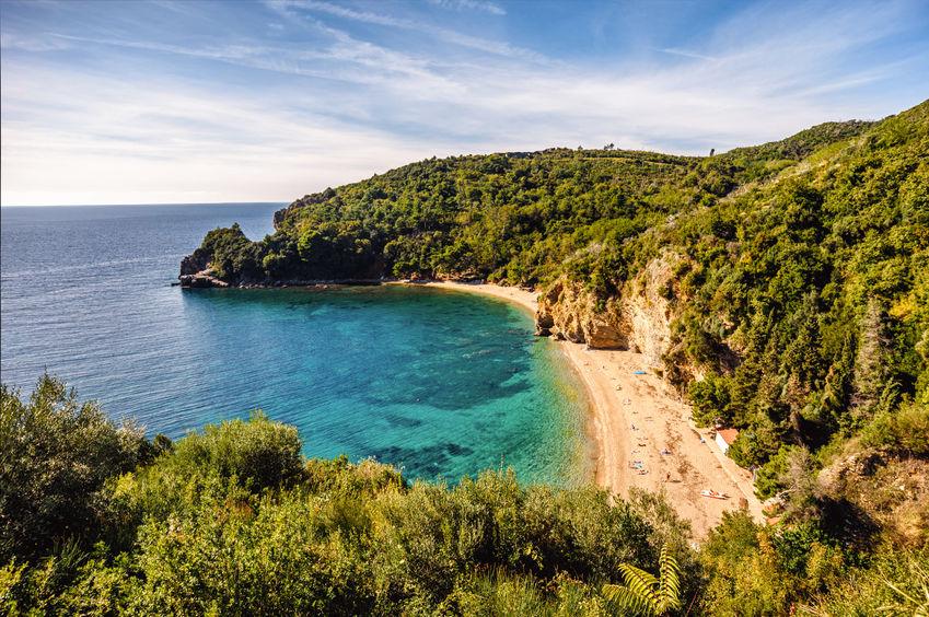 Hidden beaches Europe featuring a green coastal bay with calm water