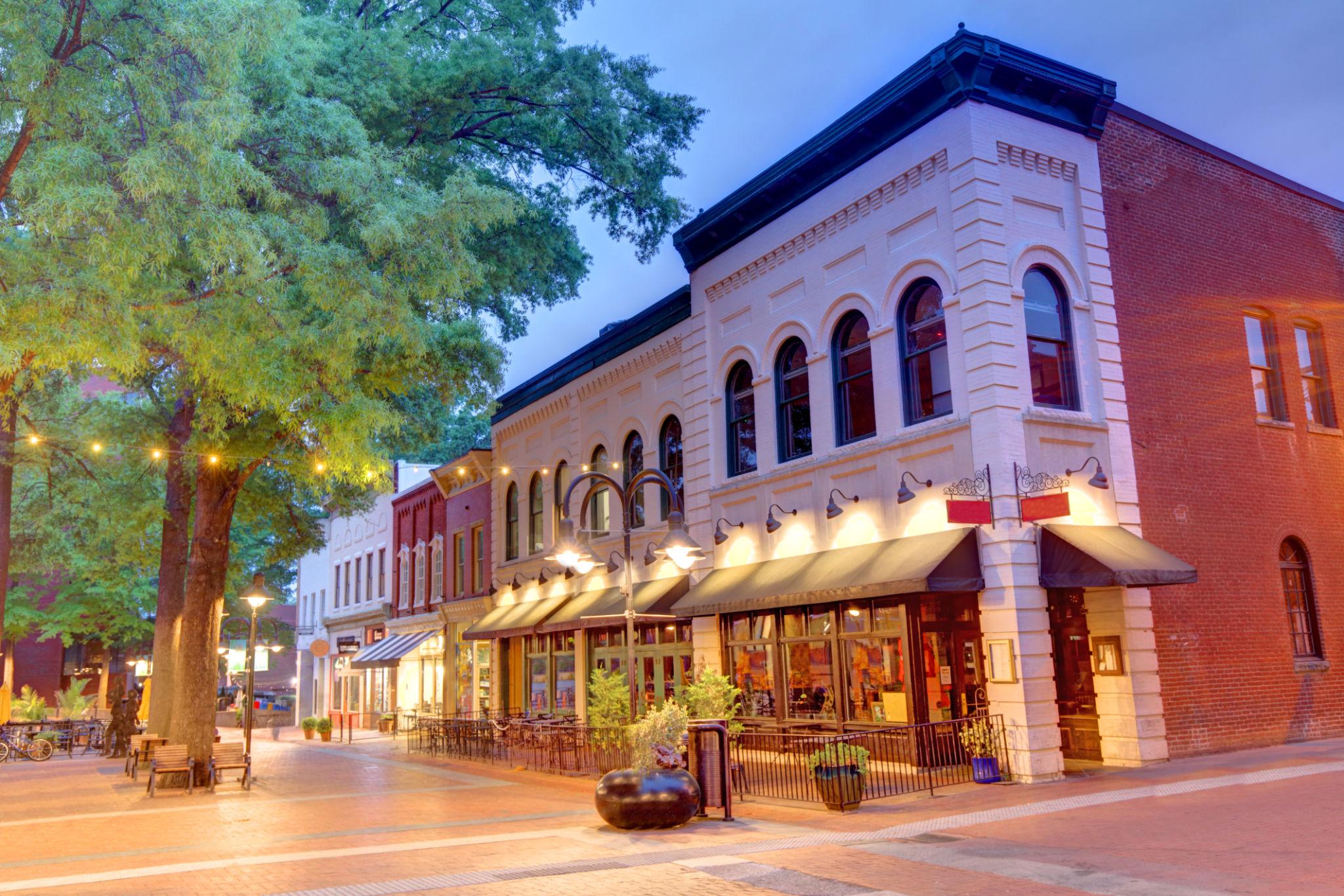 Small Virginia downtown street with shops and local character