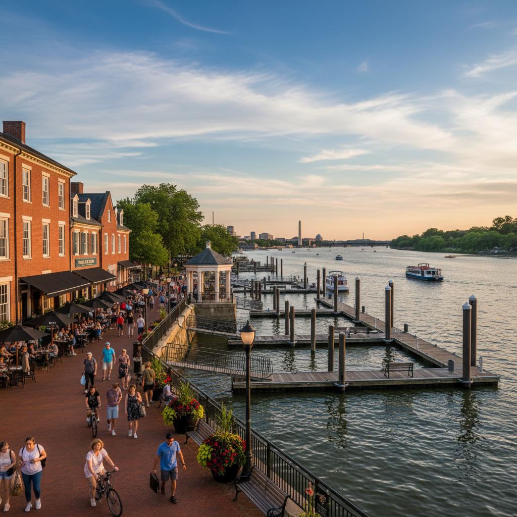 Waterfront town promenade and river views in Virginia