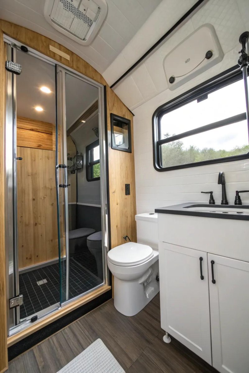 School bus conversion bathroom
