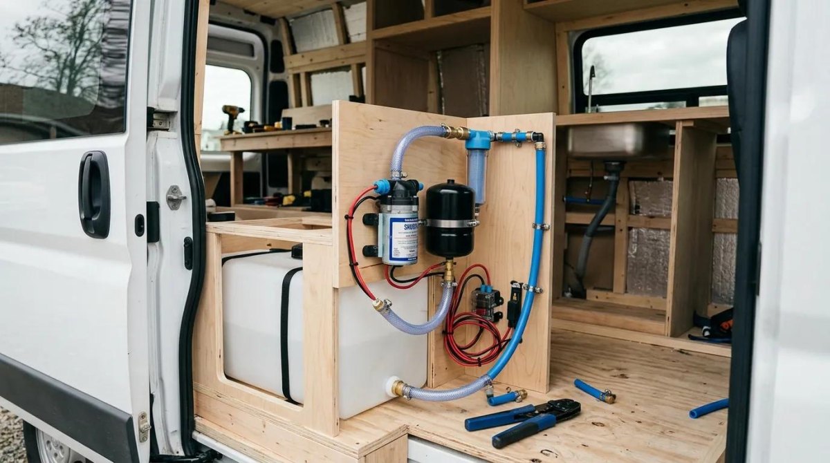 Bus conversion bathroom plumbing setup