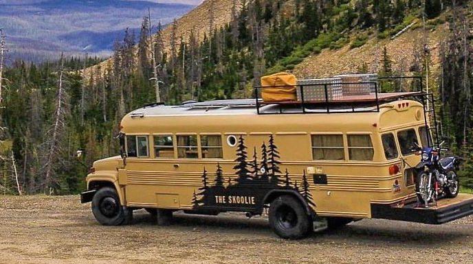 Adventure-ready school bus camper outdoors