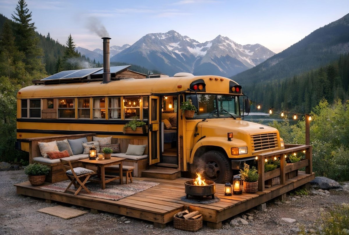 Adventure-ready school bus RV outdoors