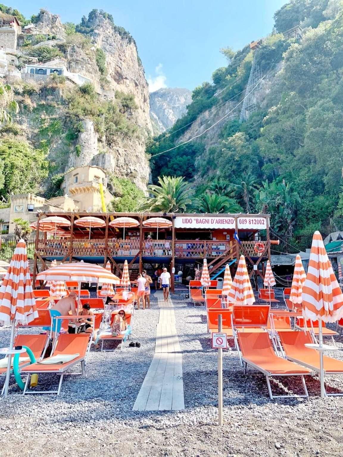 Best beaches Amalfi Coast Arienzo beach with orange umbrellas