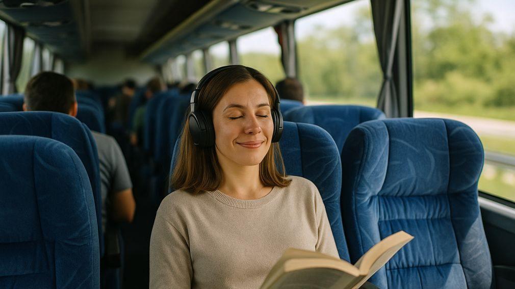 Passenger relaxing with music on bus