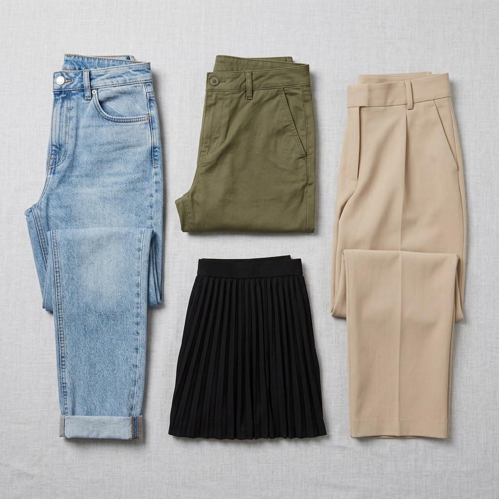 Folded jeans trousers and skirt showing 5-4-3-2-1 packing method bottoms