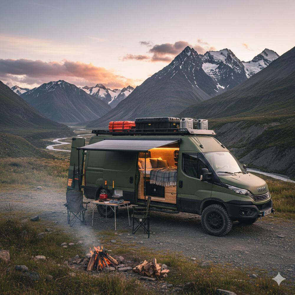 Bus parked in mountain landscape