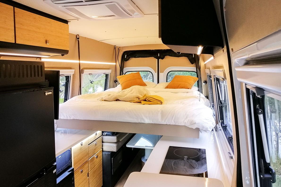 Converted camper bus interior