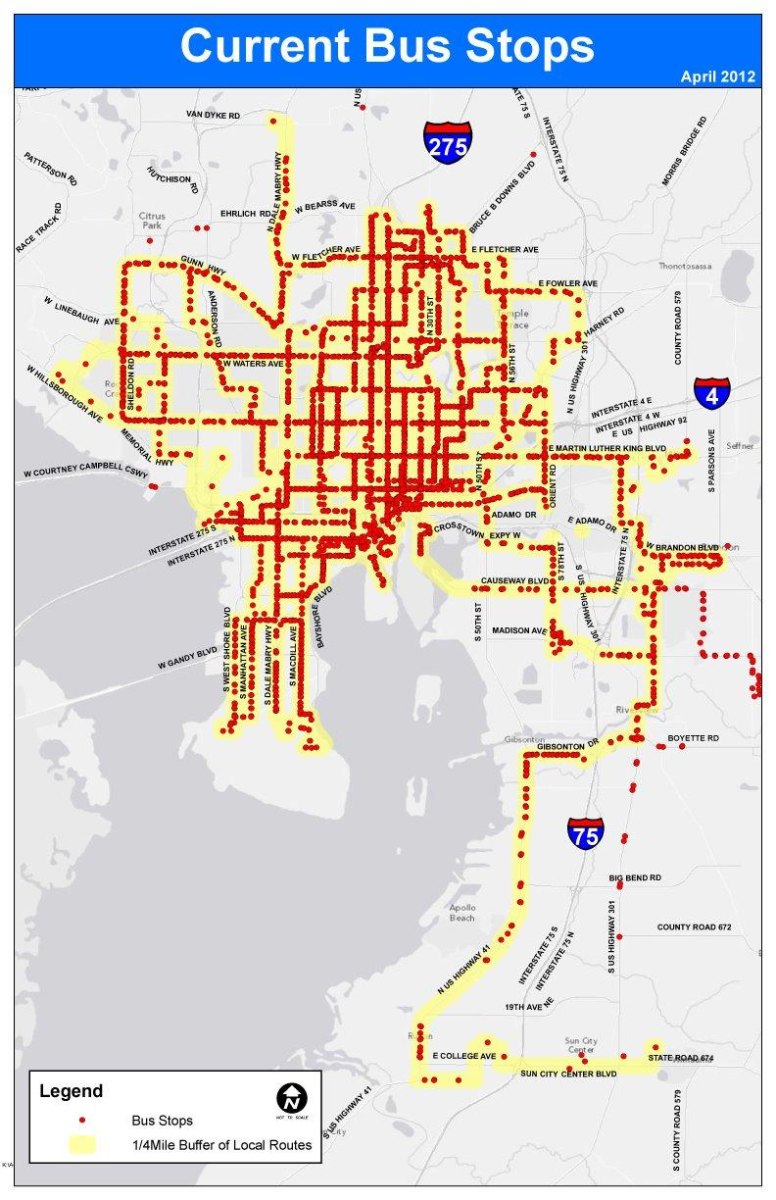 Bus stops marked on a city map
