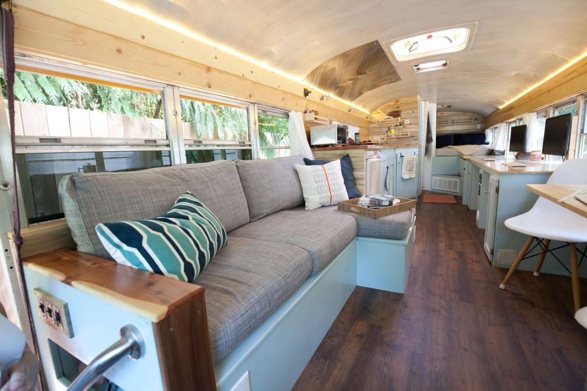 Converted bus interior living area
