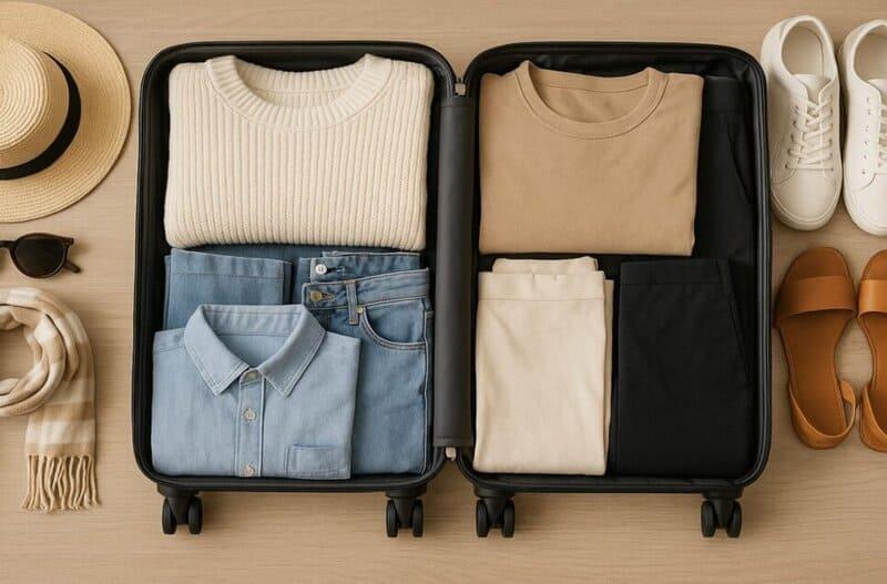 Travel clothes packed in suitcase