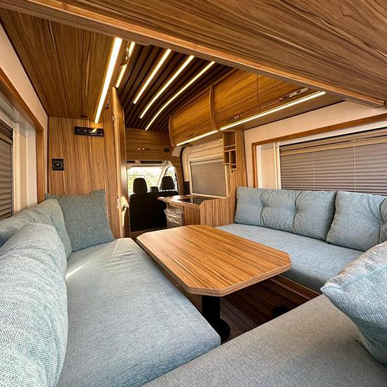 Bus conversion lounge seating area