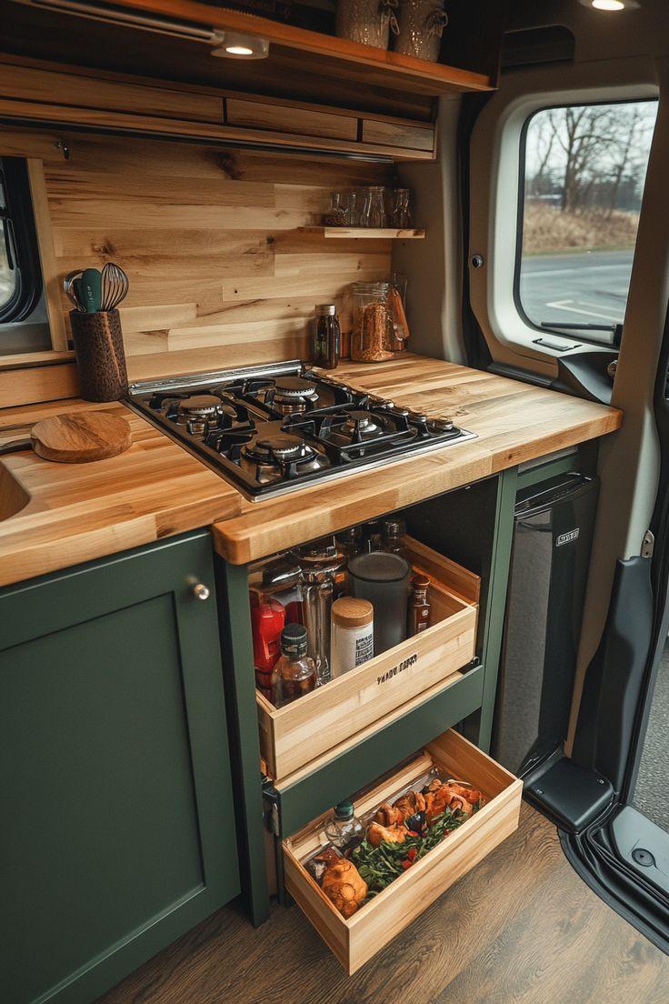 Small bus kitchen with smart storage