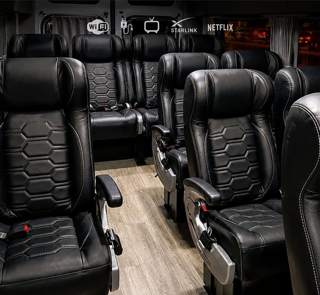 Luxury charter bus interior amenities