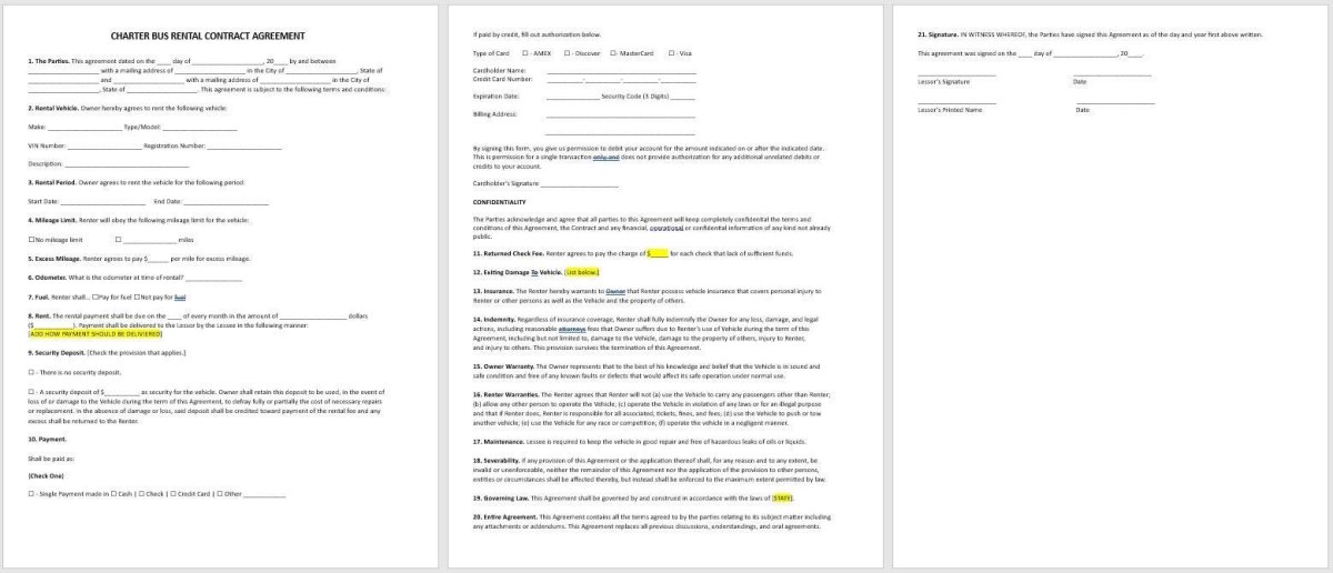 Charter bus insurance policy documents