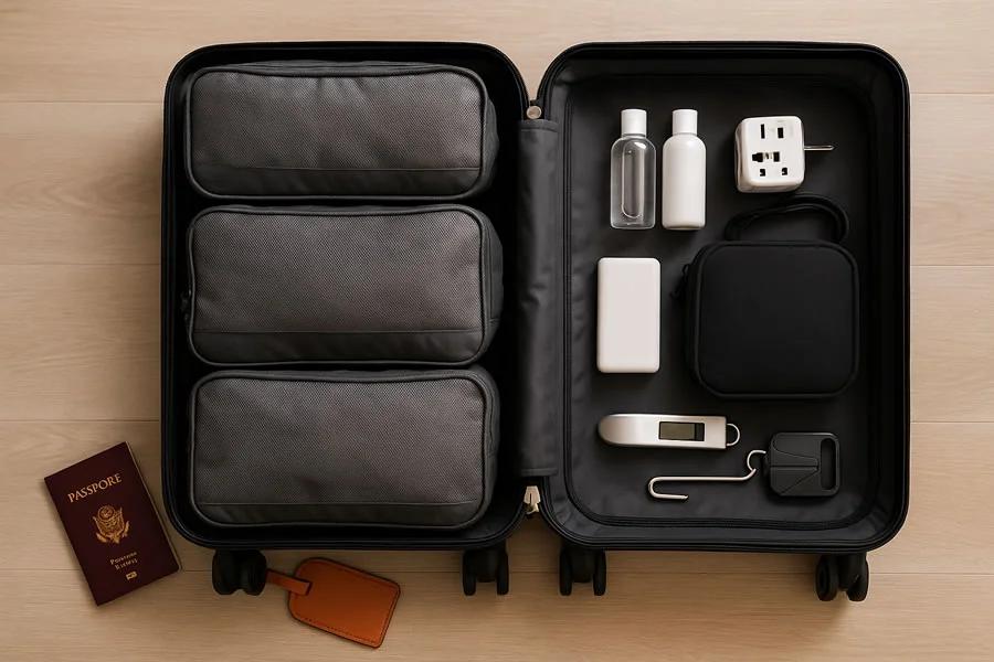 Travel essentials arranged neatly inside an organised suitcase