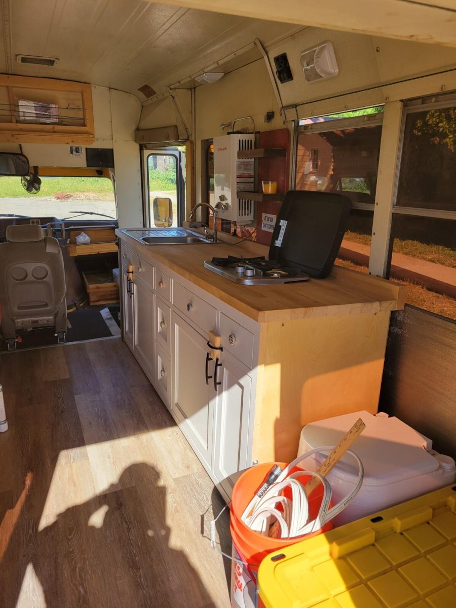 Finished bus conversion kitchen interior