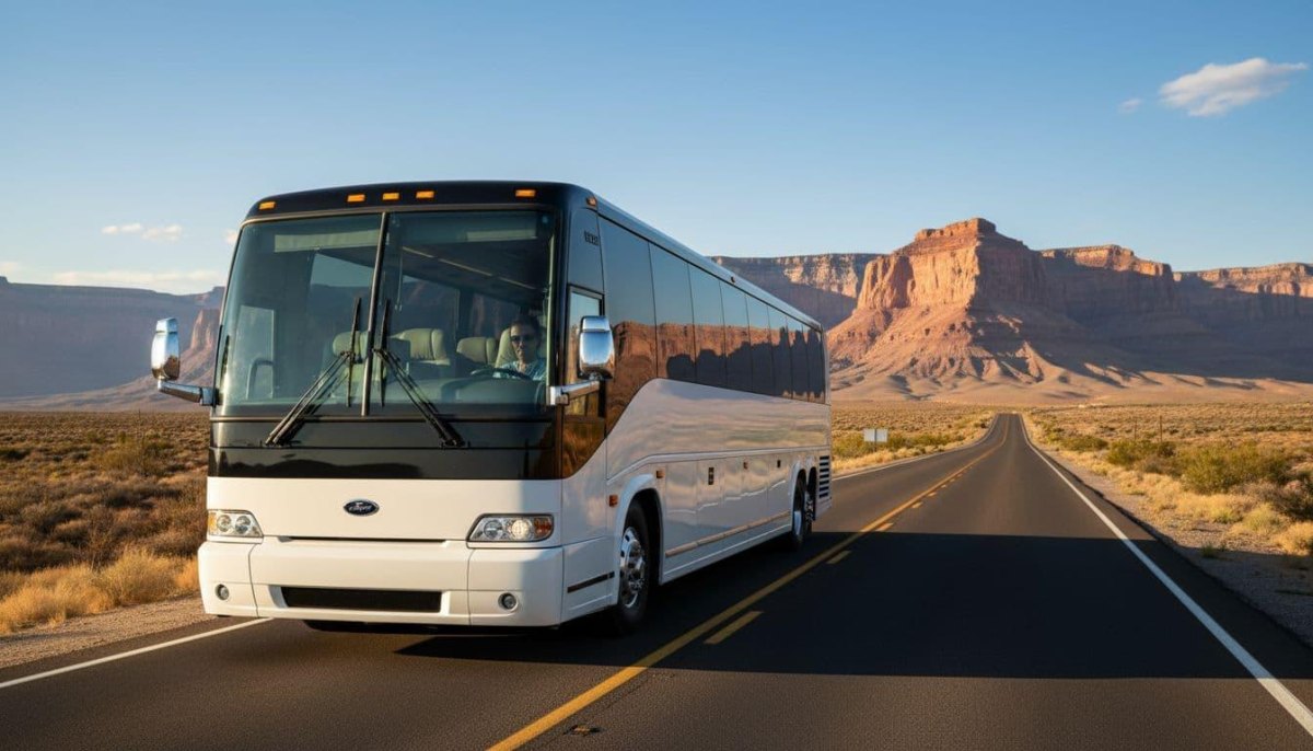 Bus crossing desert highway