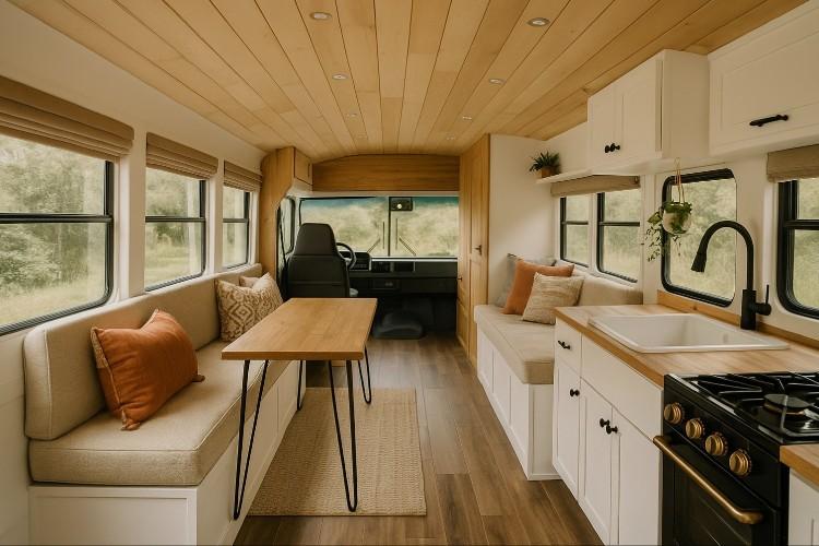 modern decorated bus camper interior