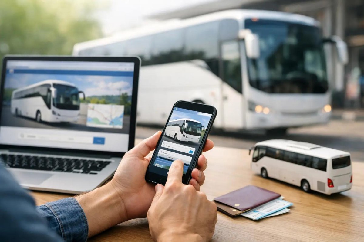Traveller booking bus tour on phone