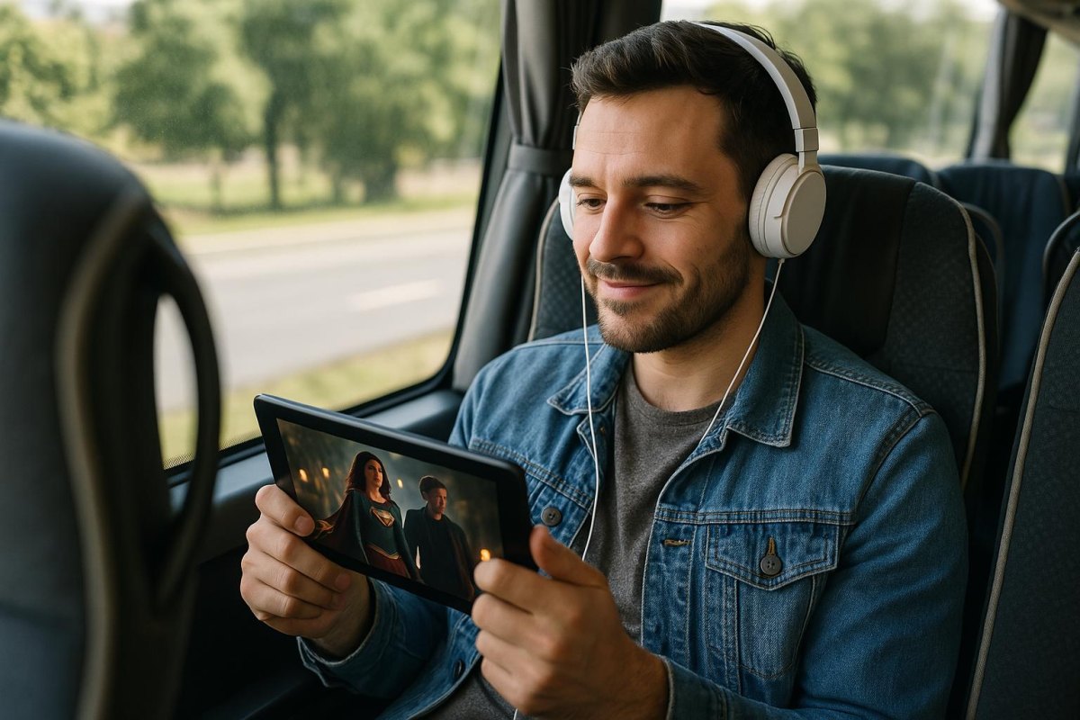 Traveler watching downloaded content on tablet