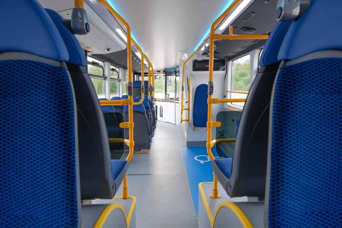 Electric bus interior with modern layout