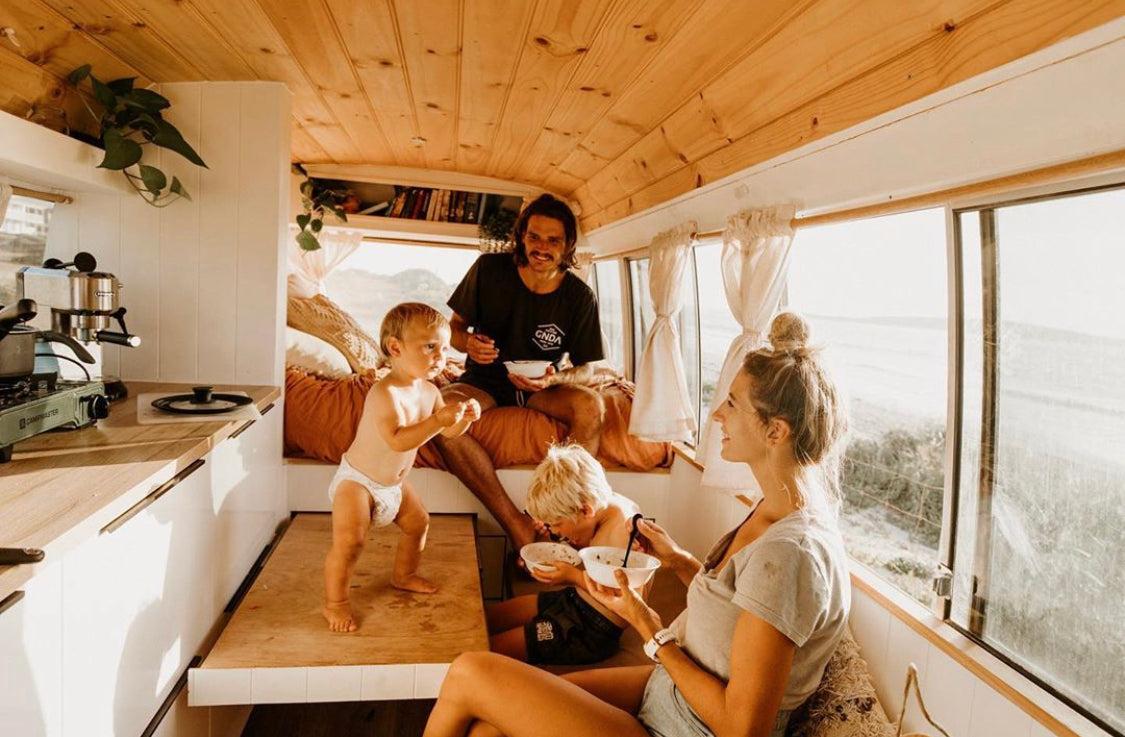 Family converted bus adventure home