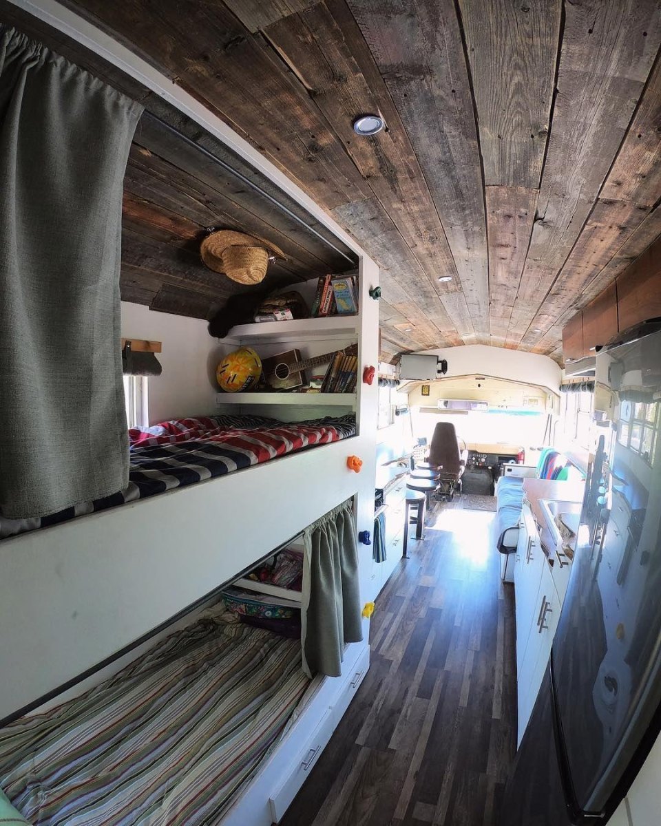 Family school bus conversion with bunk beds