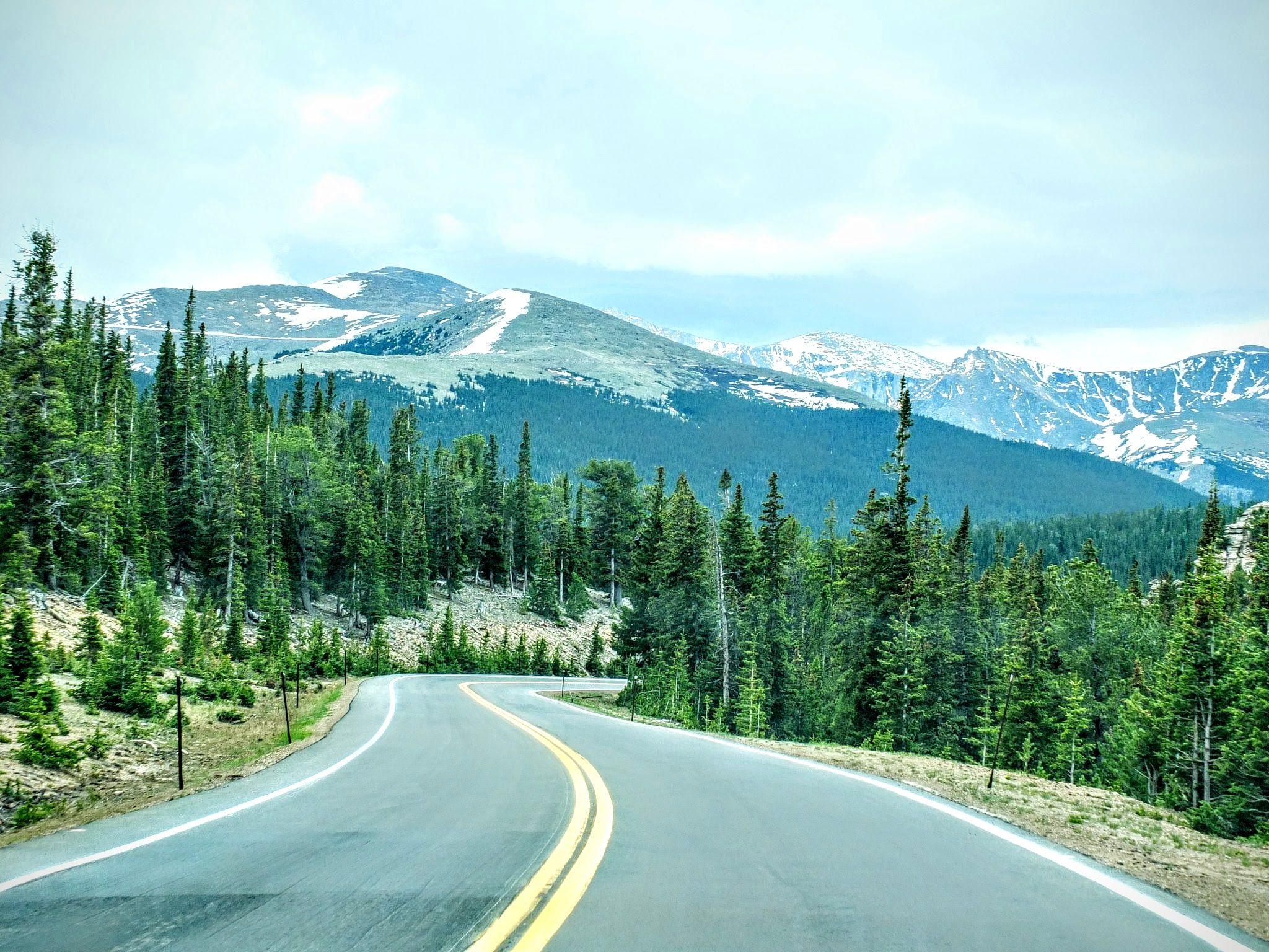 Colorado scenic drive with pine forest and snow covered mountain peaks