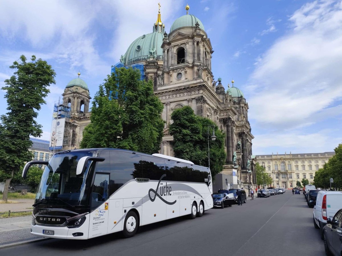 Bus near historic city