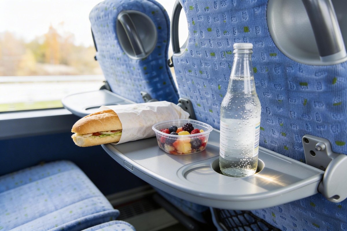 Traveler holding snacks and water on bus