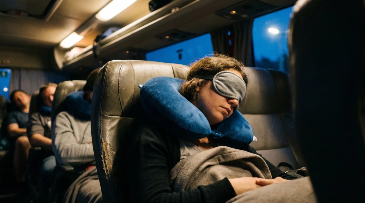 Passenger sleeping comfortably overnight bus