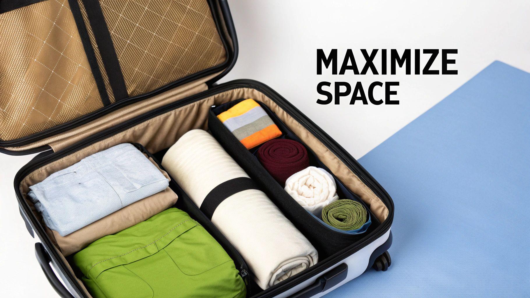 Compact suitcase packing arrangement showing maximum luggage space