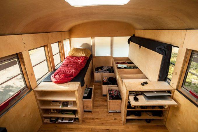 Minimalist tiny bus home interior