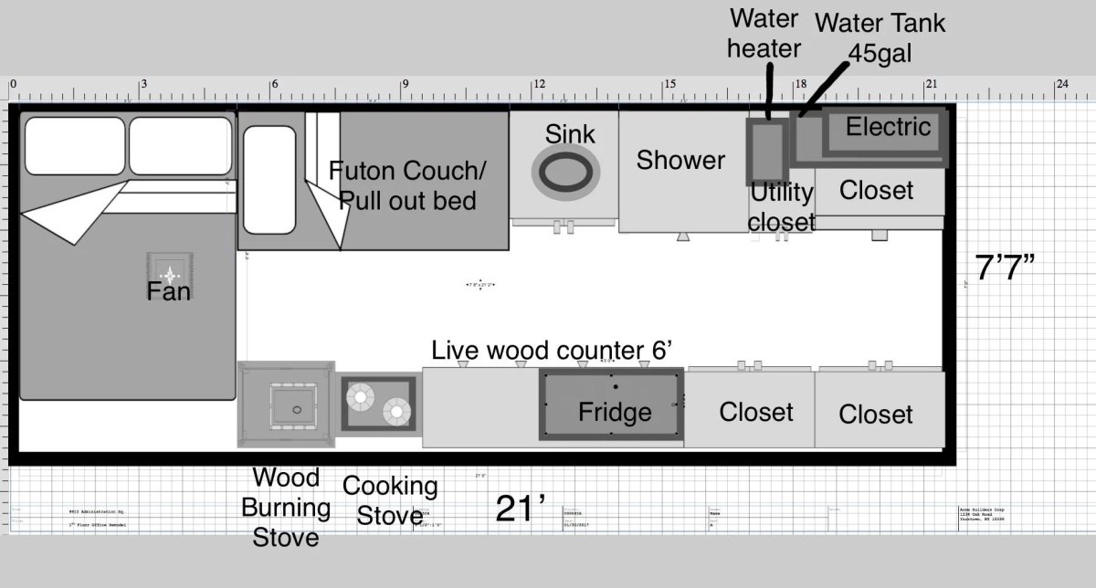 Minimalist school bus RV floor plan