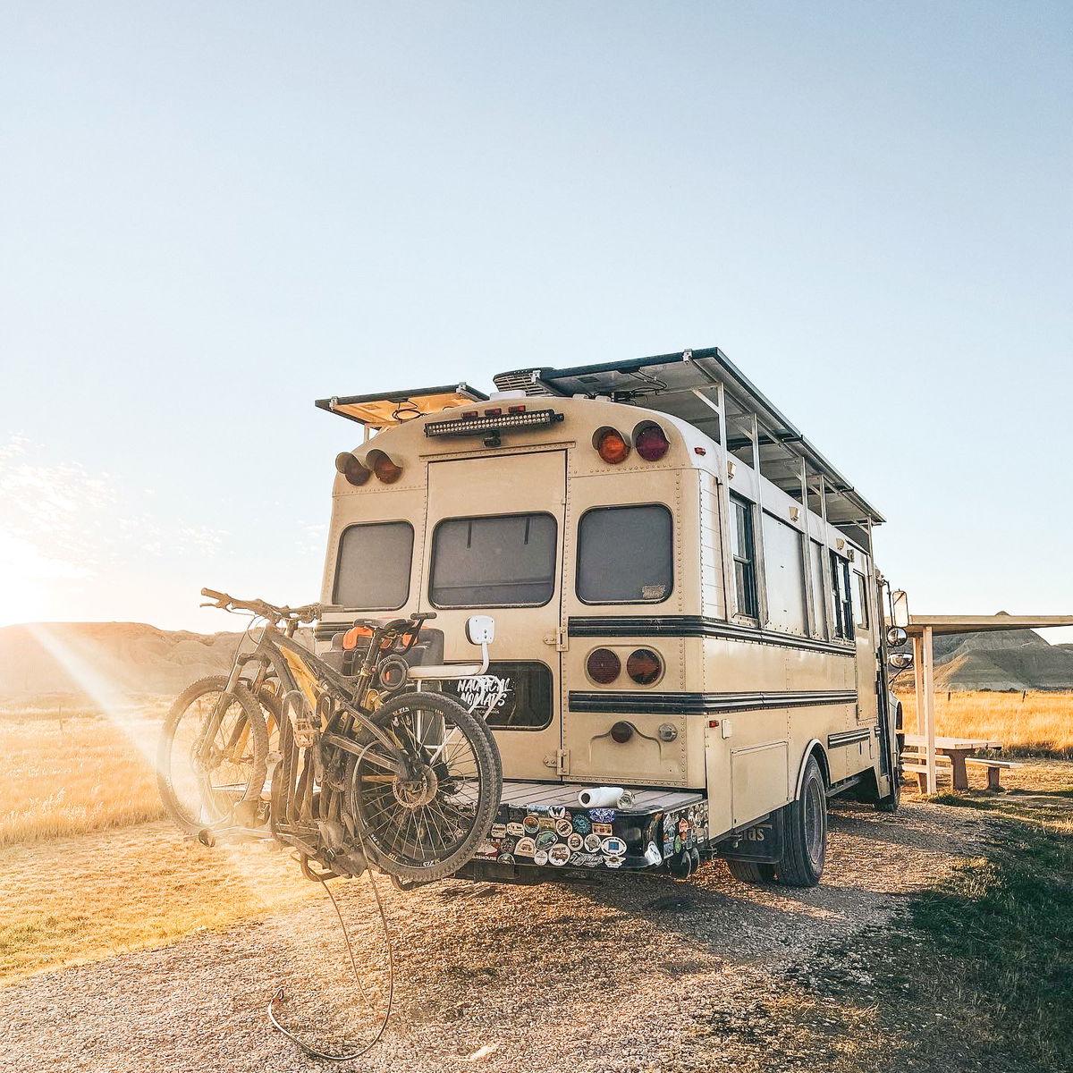 Adventure bus carrying bikes and outdoor gear