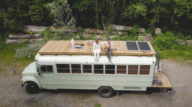 Off-grid school bus conversion with solar panels