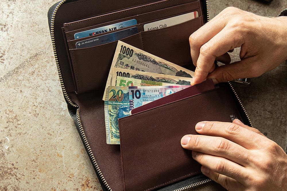 Travel wallet with cards and currency