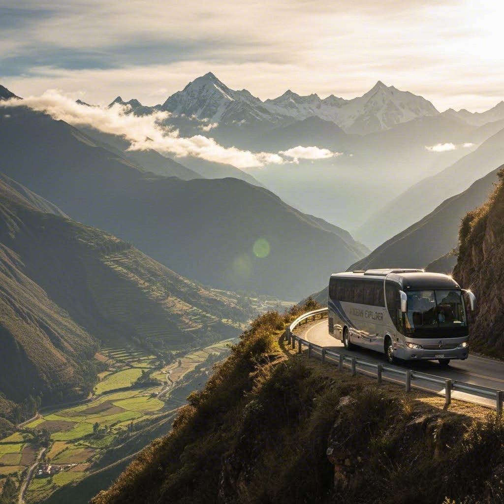 Bus travelling along scenic mountain road