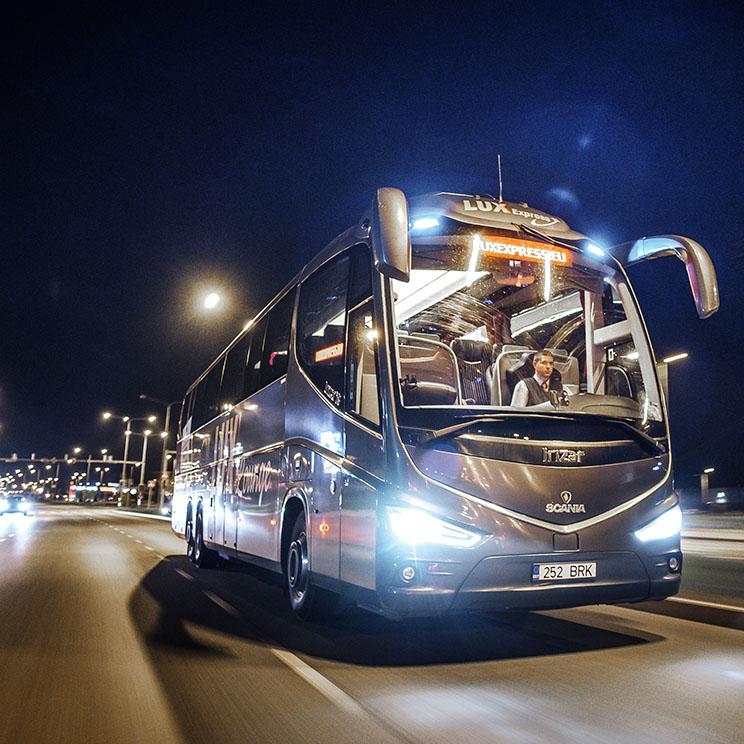 Bus traveling at night