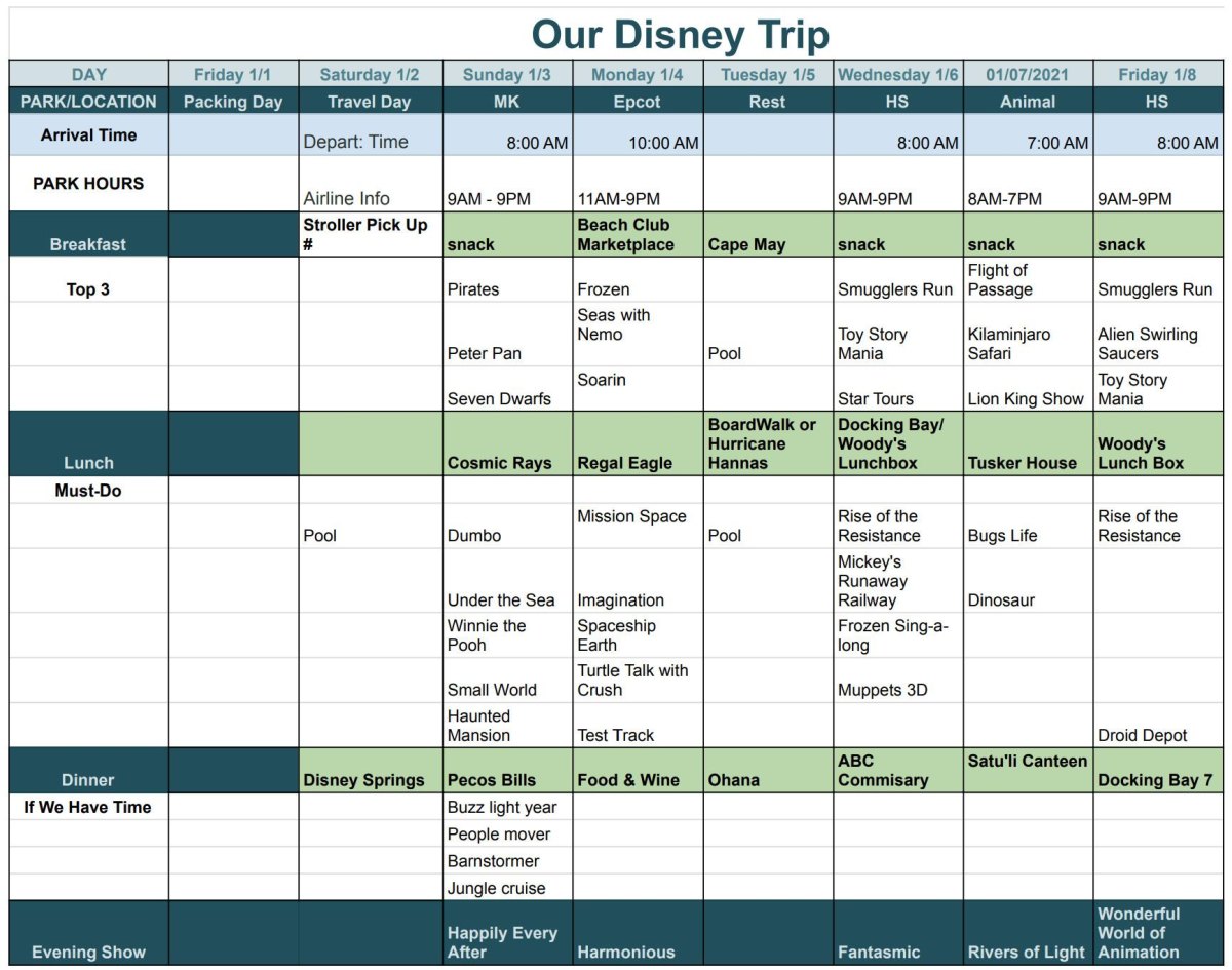 Busy Disney vacation schedule planner