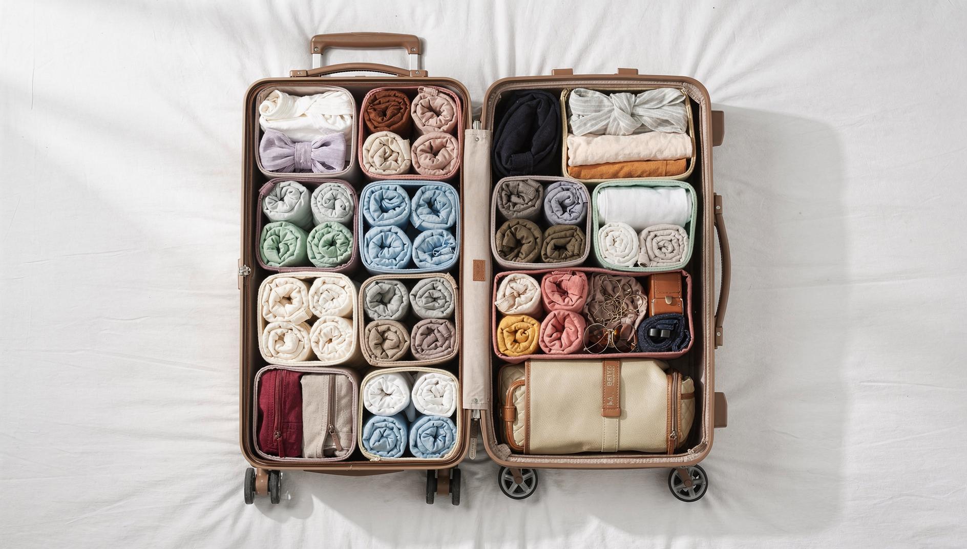 Suitcase organised with rolled clothes and cubes using a folding trick for travel