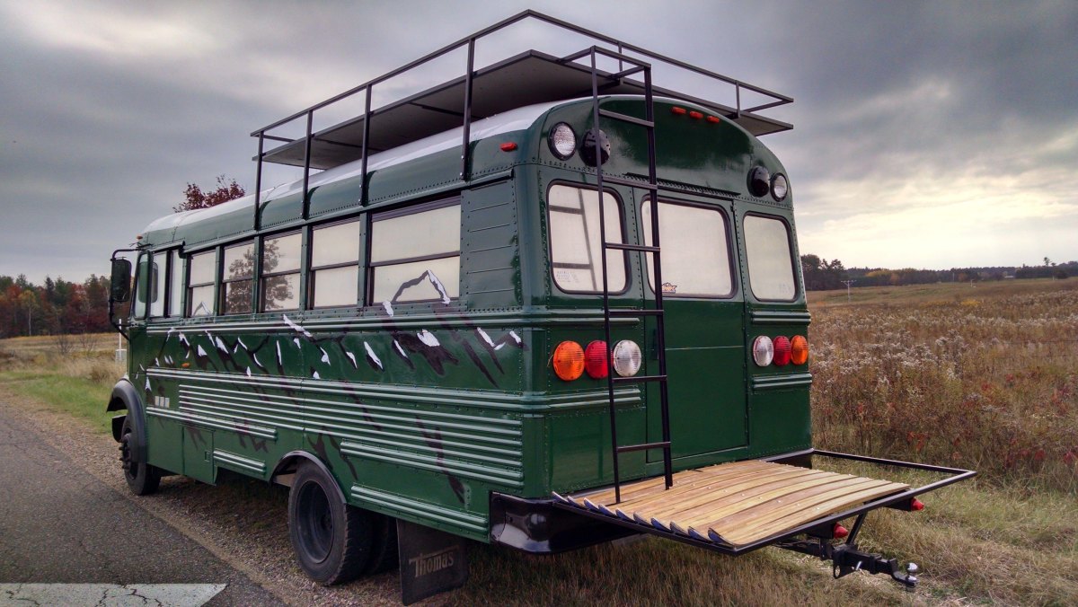 Painted converted school bus exterior