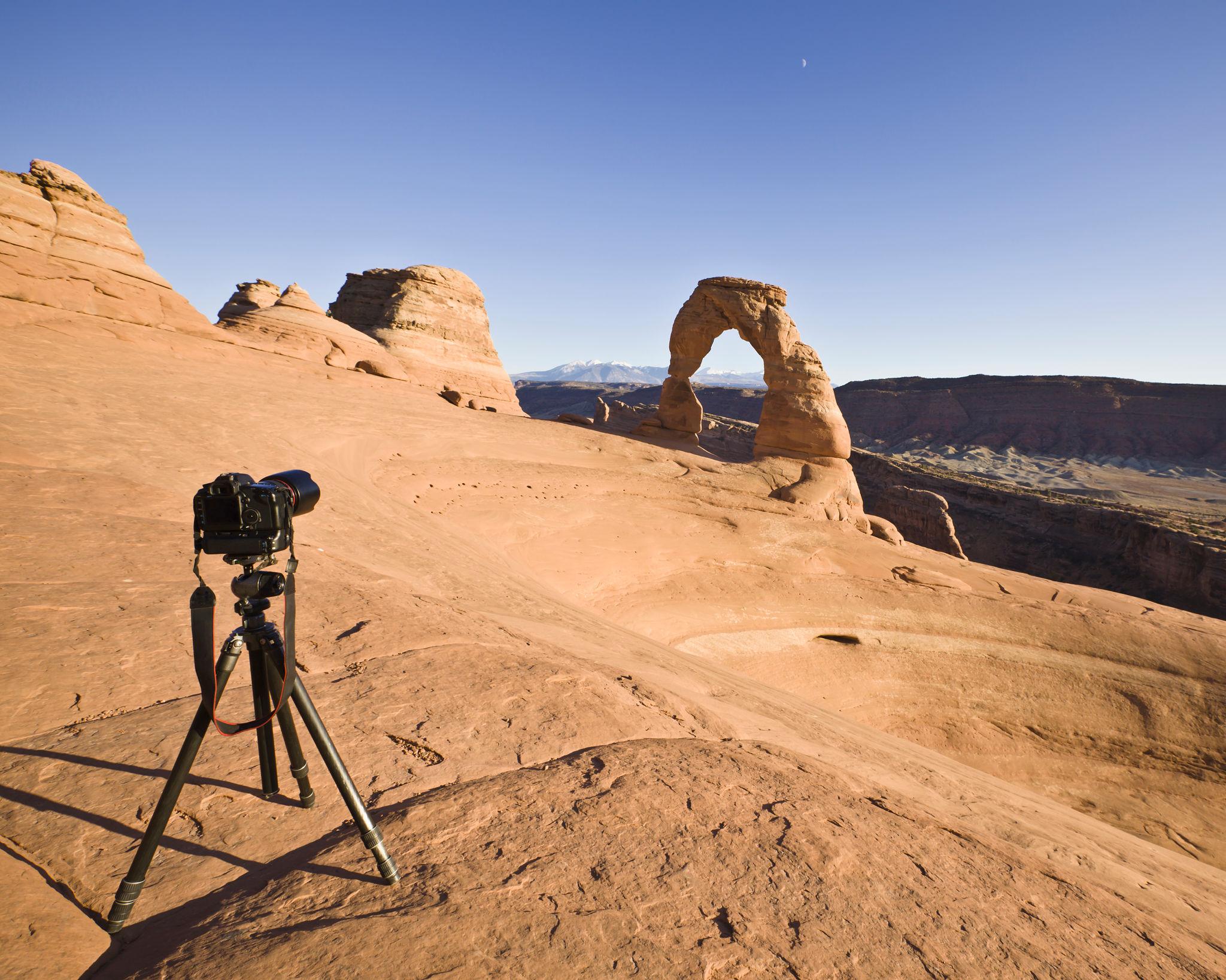 Camera setup overlooking desert landscape for park photography