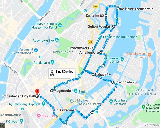 Copenhagen travel guide walking route map through the city