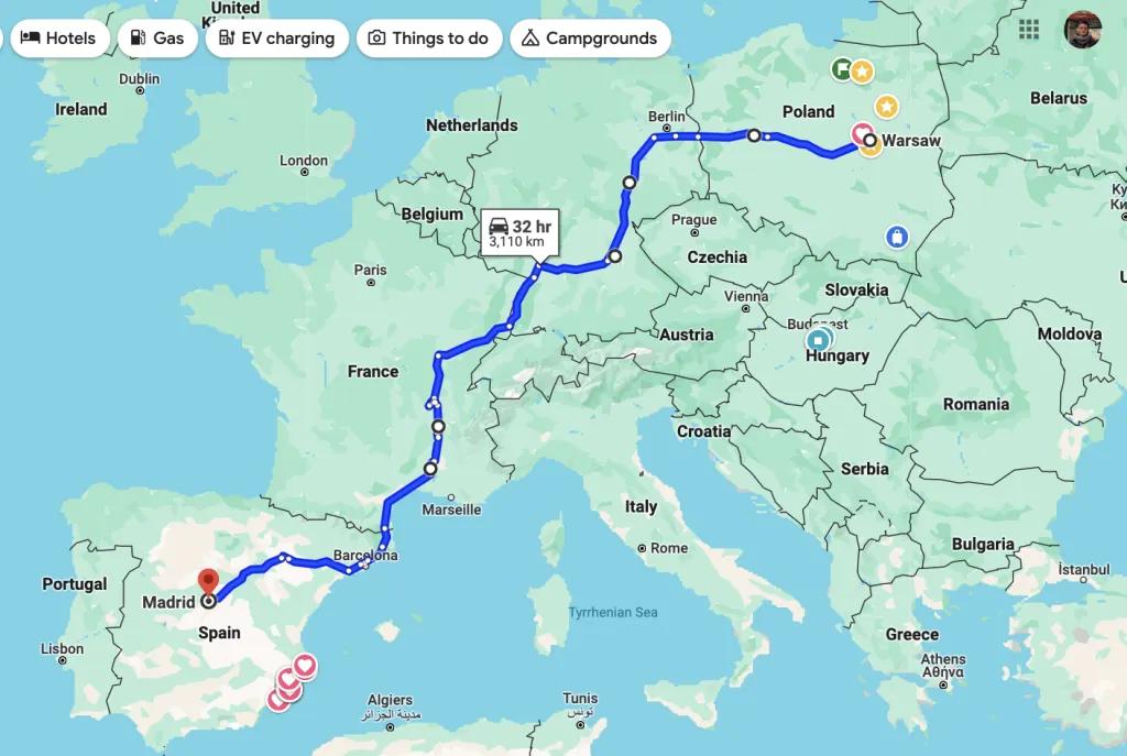 Europe travel map and bus route planning