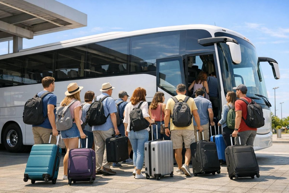 Passengers boarding charter bus together