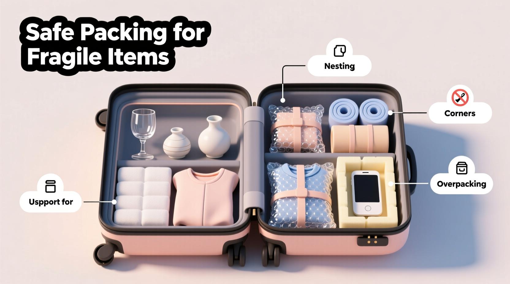 Suitcase organised with protection for fragile travel items