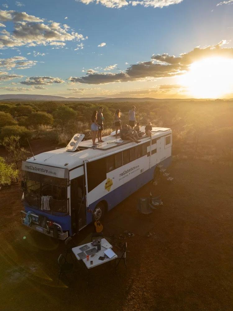 Remote work bus parked in scenic landscape